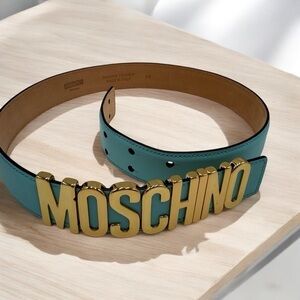 Moschino Couture Logo Belt Turquoise Size 40 Genuine Leather